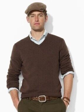 POLO RALPH LAUREN Men's Brown 100% Cotton L/S V-neck Pullover Sweater sz XL